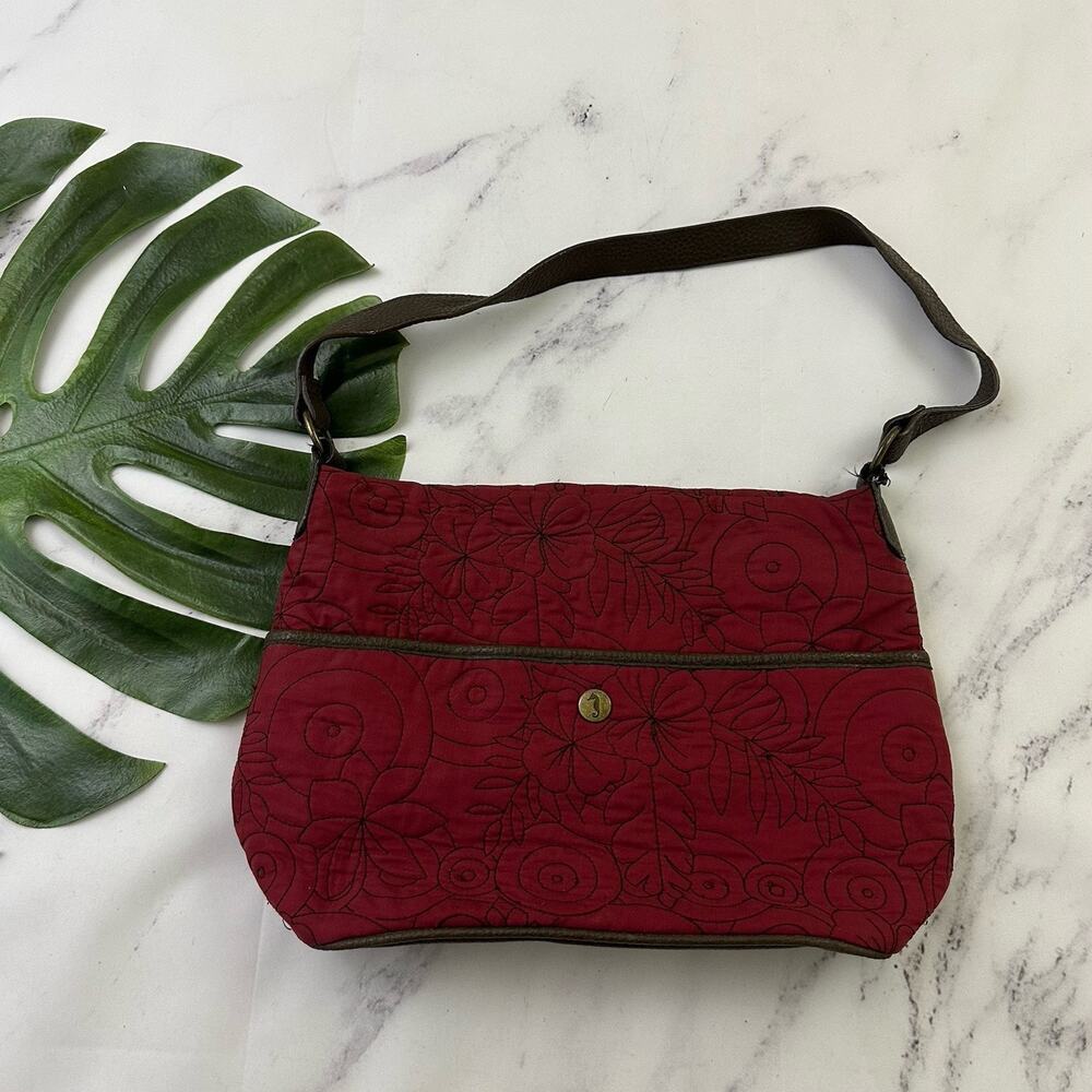 Sugar Reef Vintage Y2k Shoulder Bag Purse Red Brown Tropical Floral Quilted